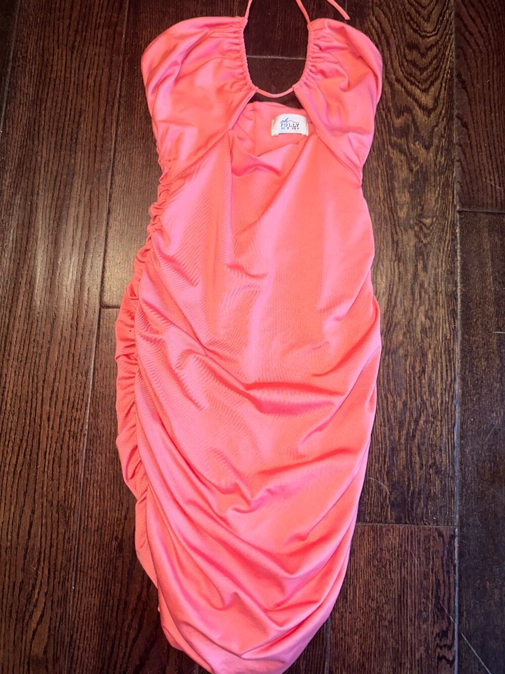 Oh Polly Women's Coral Pink Halter Ruched Bodycon Mini Dress